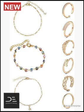 Adjustable Toe Rings & Anklets Set - 8 Piece Jewelry with Pouch